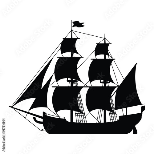 Black silhouette of a historic sailing ship with detailed rigging