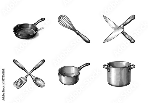 Vintage engraving of essential kitchen utensils and cookware collection featuring cast iron skillet whisk knives spatula spoon and pots