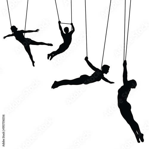 Silhouettes of acrobats swinging from ropes in a dynamic performance