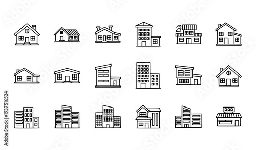 Minimal house and building outline icon vector set