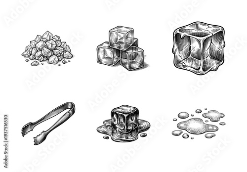Set of hand drawn ice cubes and melting water droplets in vintage woodcut style including a pile of crushed ice and metal tongs.