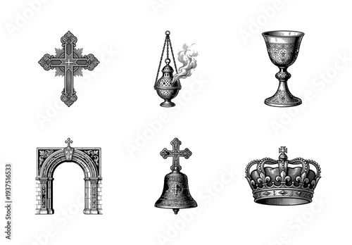 Set of religious and monarchical icons featuring an ornate cross, censer, chalice, arched portal, church bell, and royal crown in a vintage woodcut engraving style.