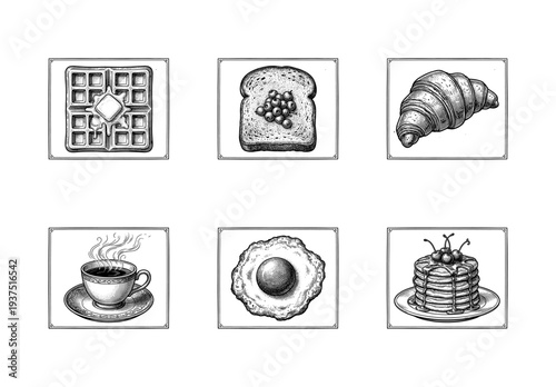 Vintage breakfast food collection featuring hand drawn engraving style illustrations of waffles pancakes eggs croissant toast and coffee