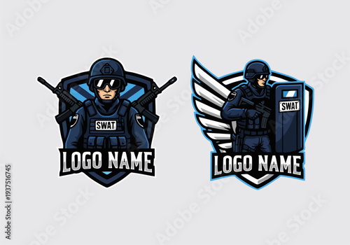 Special Forces SWAT Officer Mascot Logo Set with Shield and Tactical Gear