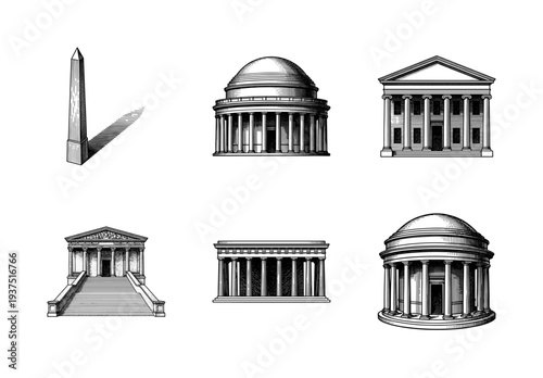 Collection of classical architectural monument sketches featuring an obelisk and various domed or pillared temple structures in a black and white woodcut engraving style.