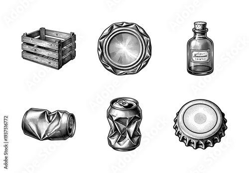Vintage engraving collection of recycled waste items including crushed aluminum cans, a wooden crate, glass bottle, and metal bottle cap in a detailed woodcut style.