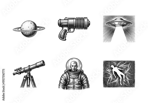 Retro science fiction collection featuring hand drawn vintage illustrations of astronaut planet ray gun ufo telescope and silhouette