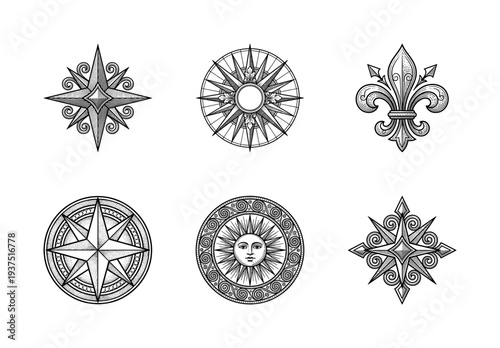 Vintage nautical and celestial black and white line art collection featuring compass roses, sun face, and fleur de lis symbols in an engraved woodcut style