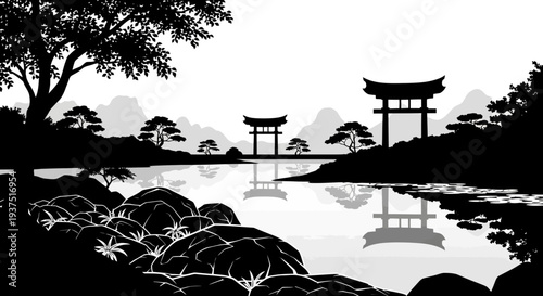 Japanese Torii Gates Reflection Serene Landscape