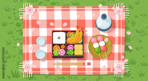 Japanese picnic lunch with bento box and dango