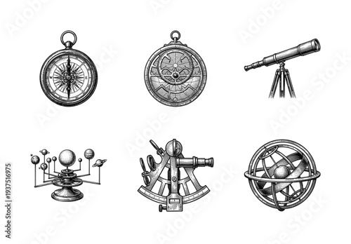 Vintage engraving set of astronomical and navigational instruments including compass telescope astrolabe orrery and sextant