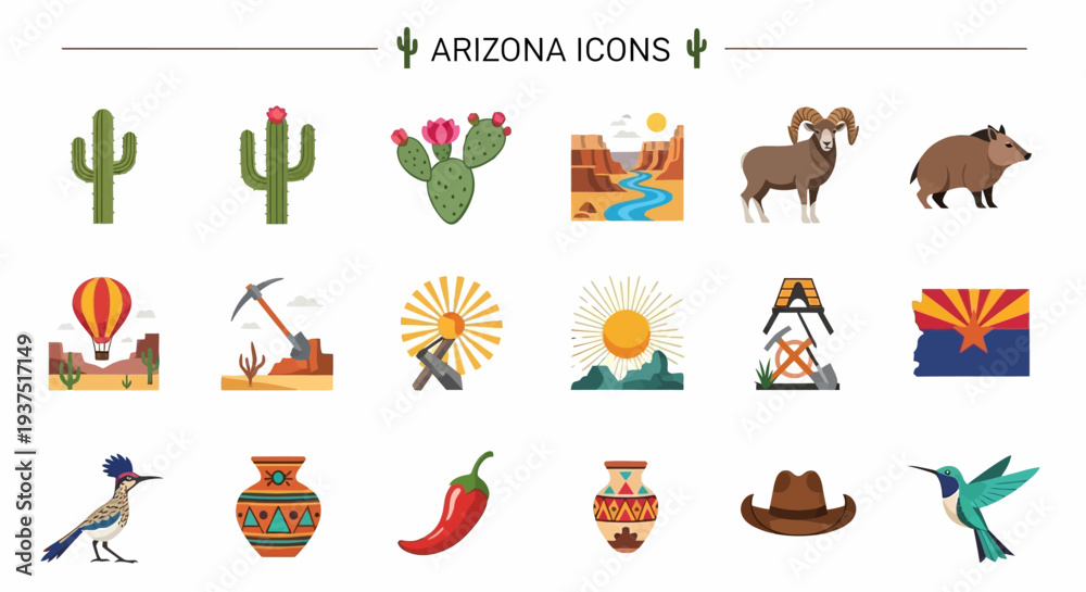 Fototapeta premium Arizona Icons Set featuring Desert Landscapes, Wildlife, and Cultural Symbols for Travel and Tourism