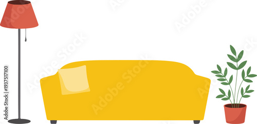 Modern Living Room Outline Icon Set Sofa, Floor Lamp and Indoor Plant Collection