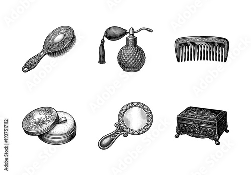 Vintage grooming and vanity set collection featuring ornate hairbrush, perfume atomizer, comb, powder puff, hand mirror, and jewelry box in a classic woodcut engraving style