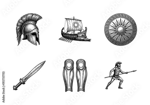 Ancient Greek spartan warrior equipment and trireme ship collection in vintage woodcut etching style