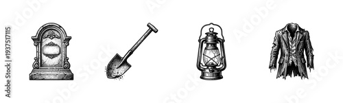 Vintage engraving style collection of gothic cemetery elements including tombstone shovel lantern and tattered victorian suit