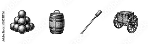 Vintage engraving style collection of historical artillery equipment featuring cannonballs, powder barrel, rammer, and ammunition chest on a wooden cart.
