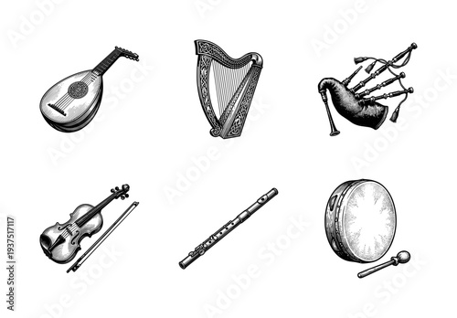 Set of vintage engraved musical instruments including lute harp bagpipes violin flute and tambourine in a woodcut style