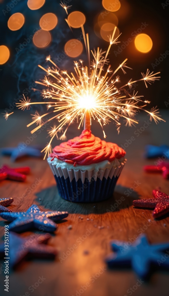 Fototapeta premium Patriotic cupcake with red frosting and a lit sparkler sits on a rustic wooden table. Red and blue glitter stars surround the festive dessert, creating a warm holiday glow.