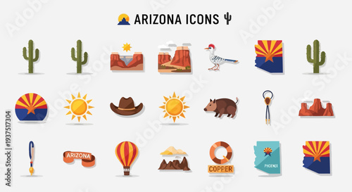 Arizona Icons Collection Cactus, Roadrunner, Sun, and State Symbols