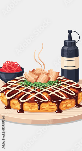 Okonomiyaki with toppings and sauce