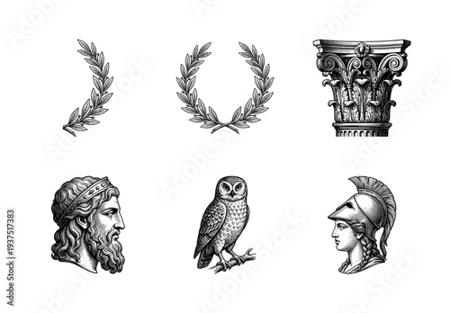 Ancient Greek mythology and classical architecture collection featuring woodcut style illustrations of Athena, Zeus, owl, laurel wreaths, and Corinthian column