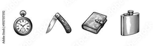Vintage gentleman accessories set featuring hand drawn pocket watch, folding knife, leather journal, and metal hip flask in a classic woodcut engraving style.