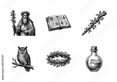 Set of vintage woodcut style illustrations featuring a druid character and mystical forest elements such as a grimoire, wooden staff, owl, wreath, and potion bottle.