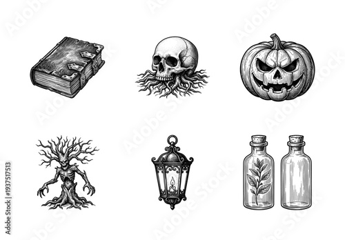 Vintage engraving style collection of gothic and halloween elements featuring a skull, grimoire, jack-o-lantern, spooky tree, lantern, and apothecary bottles.