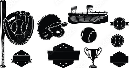 Baseball Equipment and Stadium Silhouette Illustrations Collection Set
