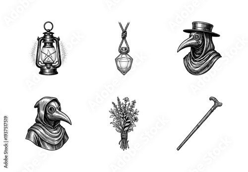 Vintage engraving style collection of plague doctor elements featuring bird masks, herbal bouquet, lantern, potion vial, and ornate walking cane