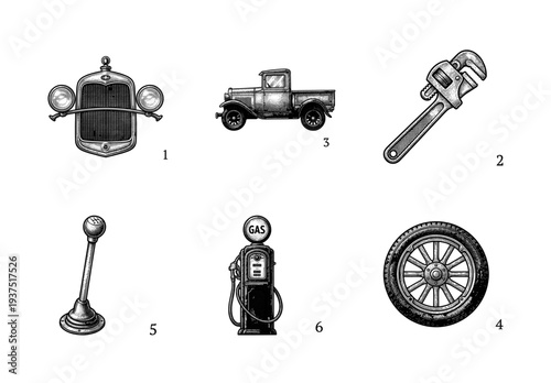Vintage automotive collection featuring antique pickup truck, radiator grille, gas pump, and mechanical tools in a detailed woodcut engraving style.