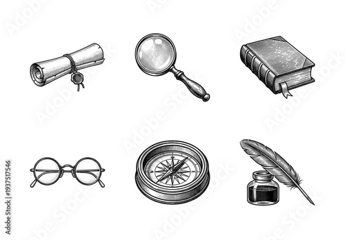 Vintage scholarly and nautical exploration set featuring hand-drawn engraving style icons of a scroll, compass, book, and quill inkwell on a white background.