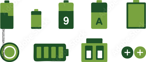 Electronic Battery Outline Icon Set  AA, AAA, 9V and Button Cell Collection