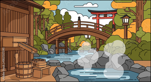 Japanese Garden Bridge Hot Spring Torii Gate