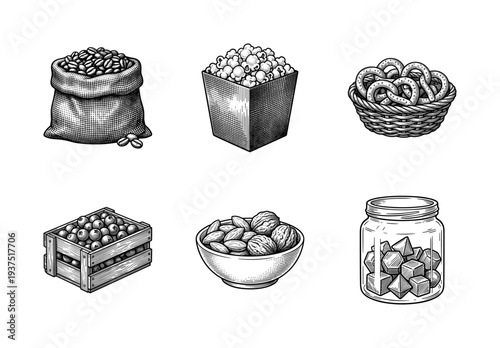 Vintage black and white engraving style collection of snack food and ingredient containers featuring coffee beans popcorn pretzels berries nuts and candies