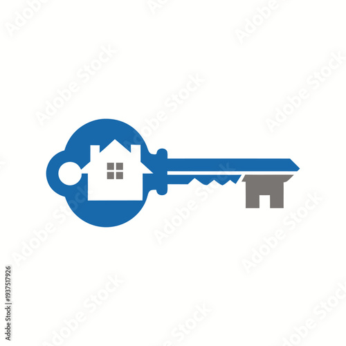 Modern key logo with house silhouette inside blue circle, real estate concept, symbol for home ownership, property investment, secure living, business growth
