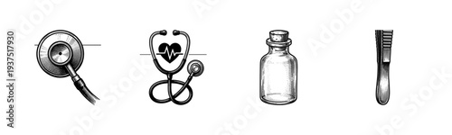 Medical equipment collection featuring stethoscope, glass medicine bottle, and surgical tweezers in a vintage woodcut engraving style