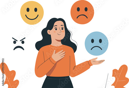 A flat vector illustration of a woman surrounded by four circular icons representing different emotions like happiness, anger, and sadness, symbolizing mental health and self awareness. See Less