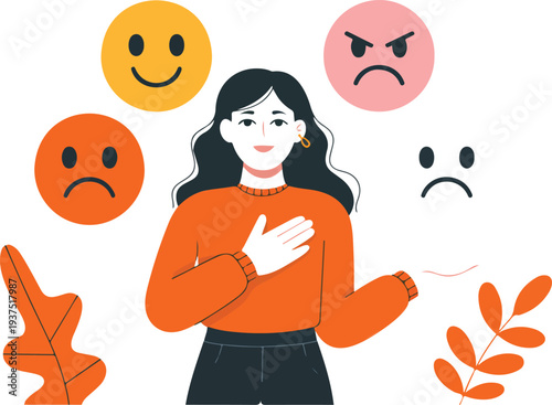 A flat vector illustration of a woman surrounded by four circular icons representing different emotions like happiness, anger, and sadness, symbolizing mental health and self awareness. See Less