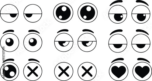Cartoon Eyes Outline Icon Set Happy, Angry, Bored, Love Expressions Collection