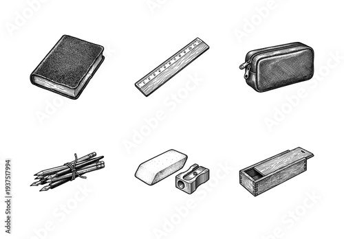 Vintage engraving style collection of school and office stationery items including notebook, ruler, pencil case, pencils, eraser, and sharpener.