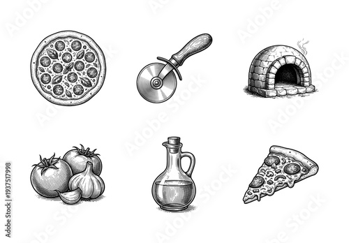 Vintage pizza making collection featuring hand drawn illustrations of whole pizza, slice, wood fired oven, cutter wheel, fresh tomatoes, garlic, and olive oil