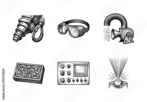 Set of retro steampunk and industrial equipment illustrations in vintage woodcut engraving style including goggles and machinery
