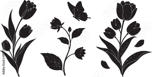 Black and white floral silhouettes with butterfly design elements