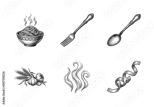 Vintage engraving set of pasta bowl, fork, spoon, garlic, wheat, and steam elements in a hand drawn woodcut style