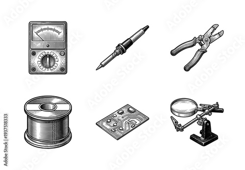 Vintage engraving style icons of electronics repair tools and soldering equipment including multimeter, soldering iron, wire stripper, solder wire, circuit board, and helping hand.