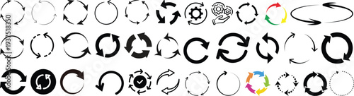 Biodegradable, compostable, recyclable icon set. Set of arrow recycle. Mega set of recycle icon. Green recycling and rotation arrow icon pack.Vector illustration.Circle arrows icon set. Round reload.