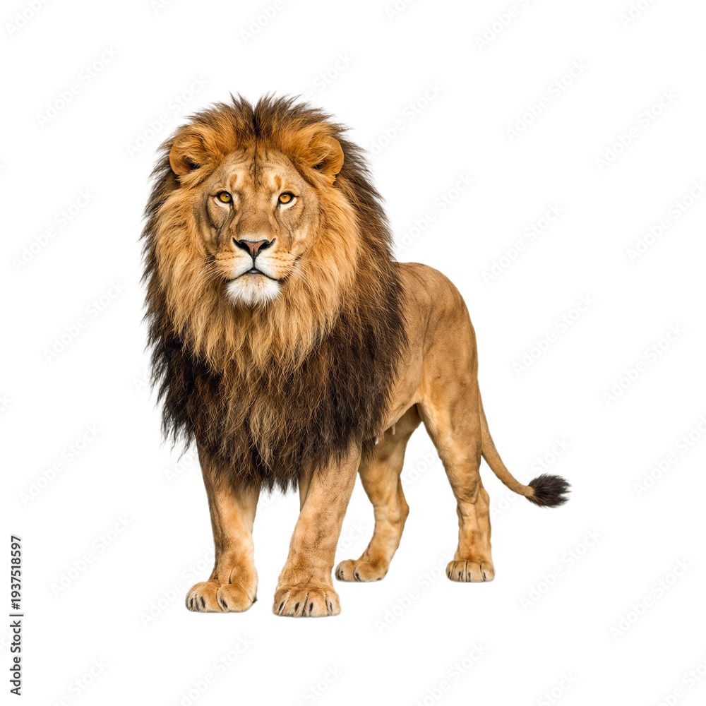 Obraz premium Majestic adult male lion with a full dark mane stands confidently against a white background.