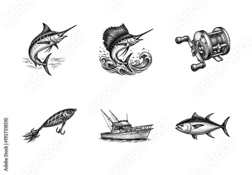 Set of vintage woodcut style fishing illustrations including marlin sailfish tuna fishing boat reel and lure